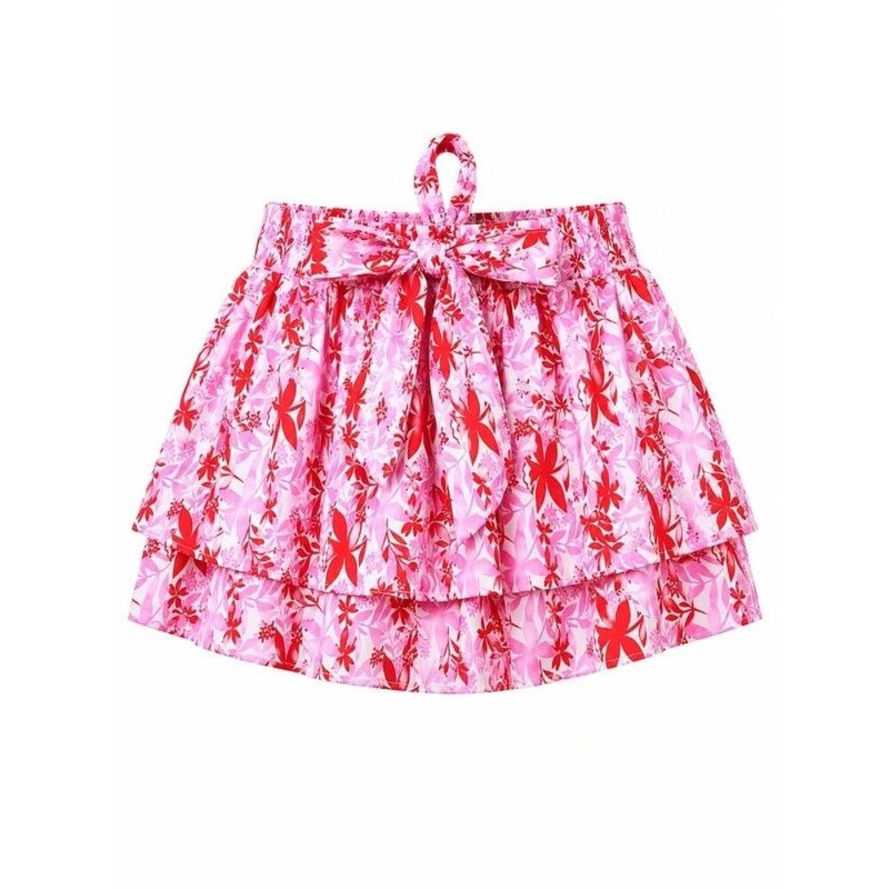 Pink Lily "Madi" Pink & Red Floral Ruffle Skort - Size Small